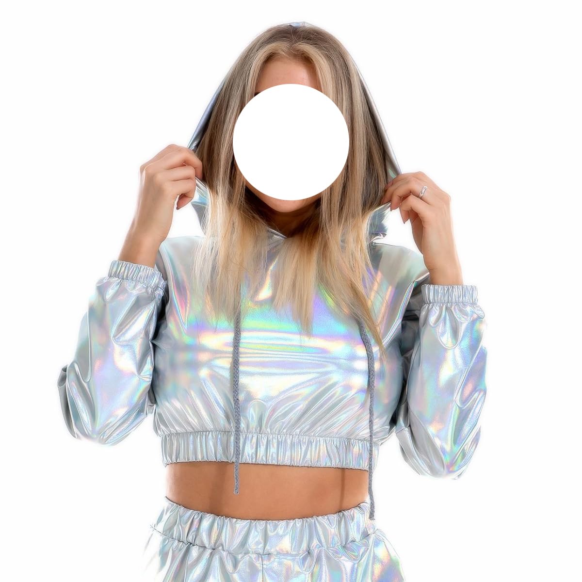 SNOMYRS Rave Outfit Plus Size Metallic Tops Long Sleeved Hooded Sports Wear Reflective Holographic Music Festival Outfits