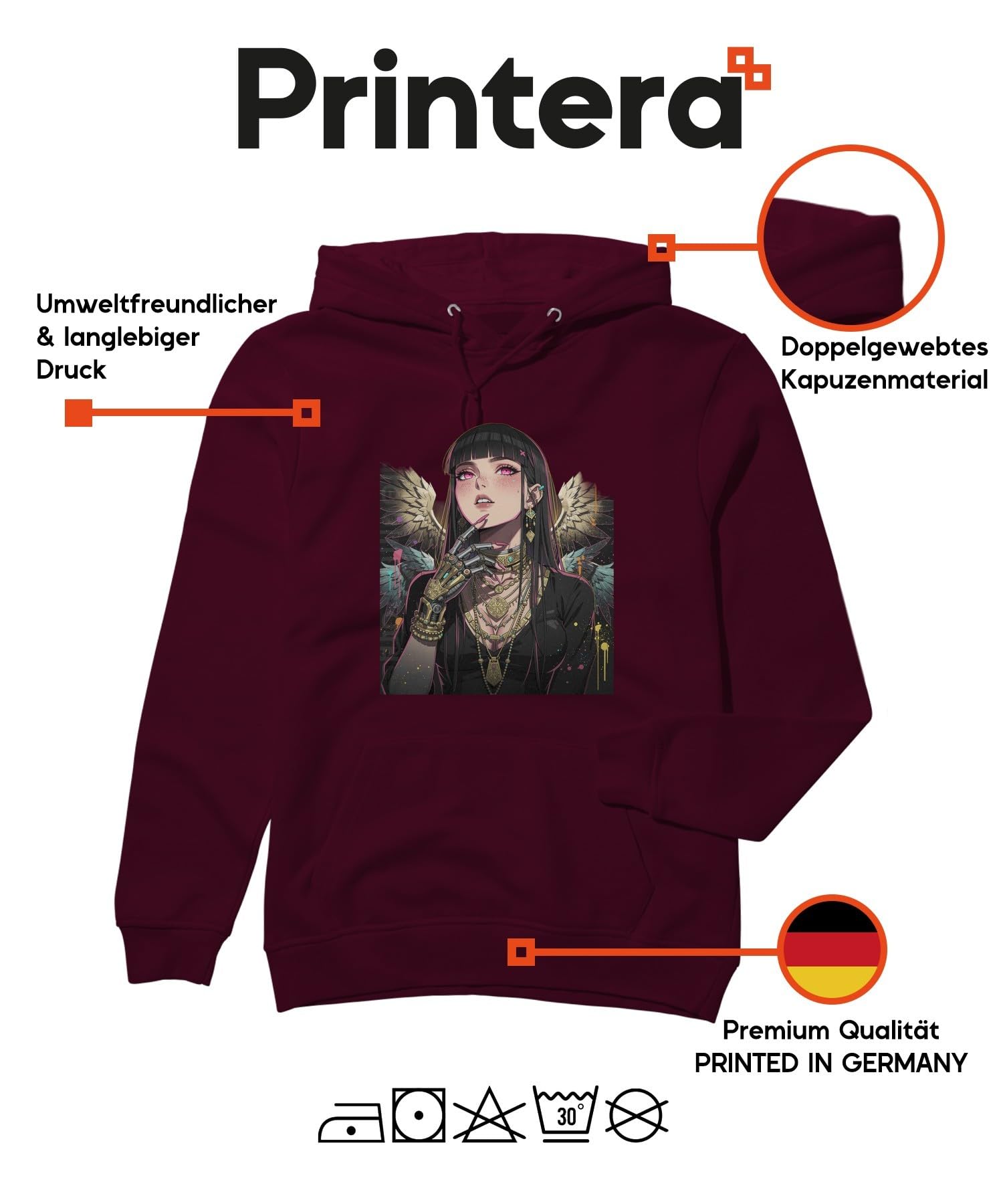 Cyberpunk anioł dziewczęcy robot, bluza z kapturem | Science Fiction Bionika Futurystyczna Waifu Otaku Streetwear Ponury Gothic Cyber-Goth Akcesoria Estetycznie Skrzydła