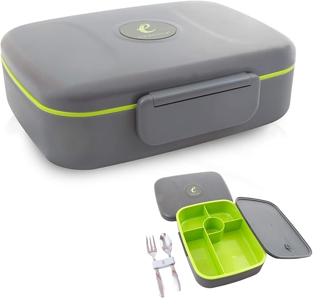 eSeasons Bento Lunch-Box Leak Proof 5 Compartment Dark Grey Stainless Steel Cutlery
