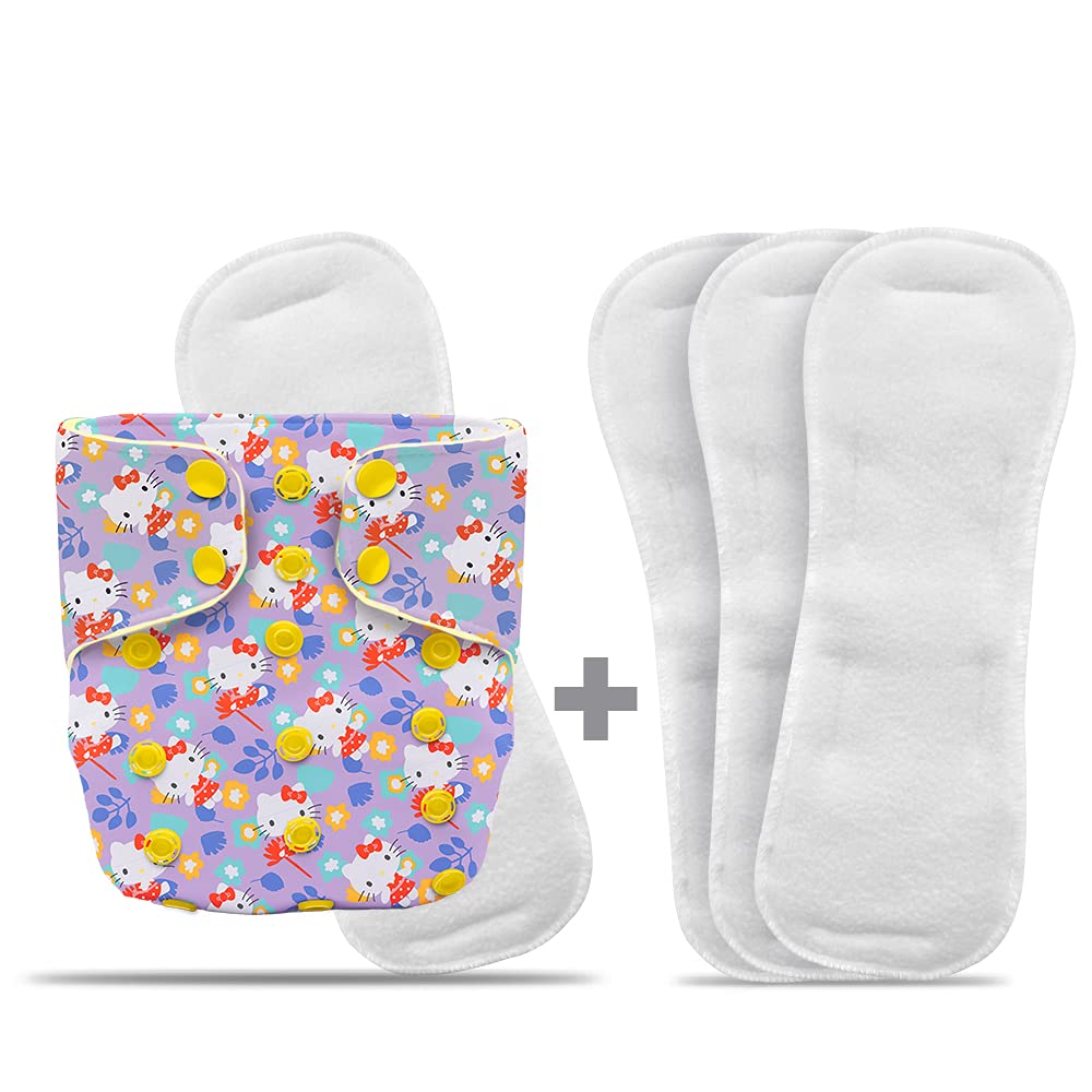 BECKER bunny Free Size Cloth Diaper with 4 Insert Pads Combo, Super Soft Reusable Baby Diaper with RAPISOAK Technology - Washable Diaper for Babies from 3 to 36 Months - HELLO KITTY, COMBO