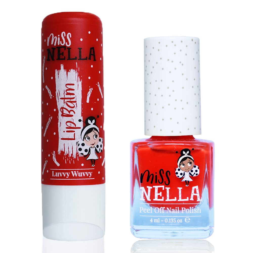 Miss Nella Nail Polis + Lip Balm set- Special Red Nail Polish for Kids- STRAWBERRY ’N’ CREAM, with Peel-off, Water Based & Odour Free Formula + LUVVY WUVVY red hypoallergenic lip balm