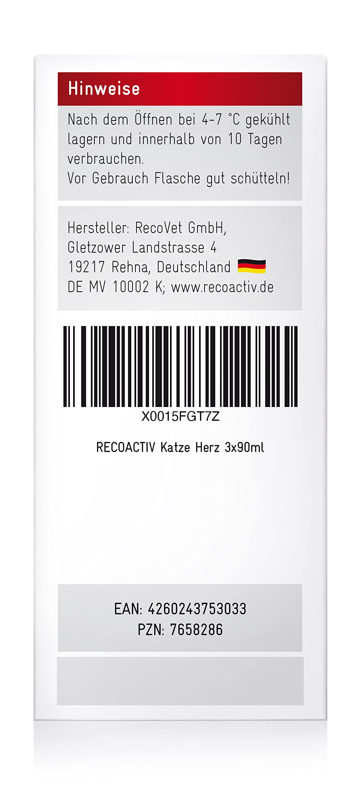RECOACTIV Herz Tonicum Katze - hoher Taurin-Gehalt, Omega-3, Weißdorn und L-Carnitin, ideale Ergänzung für Senioren, sehr schmackhaft, hochverdauliche Proteine, flüssig, 3 x 90 ml
