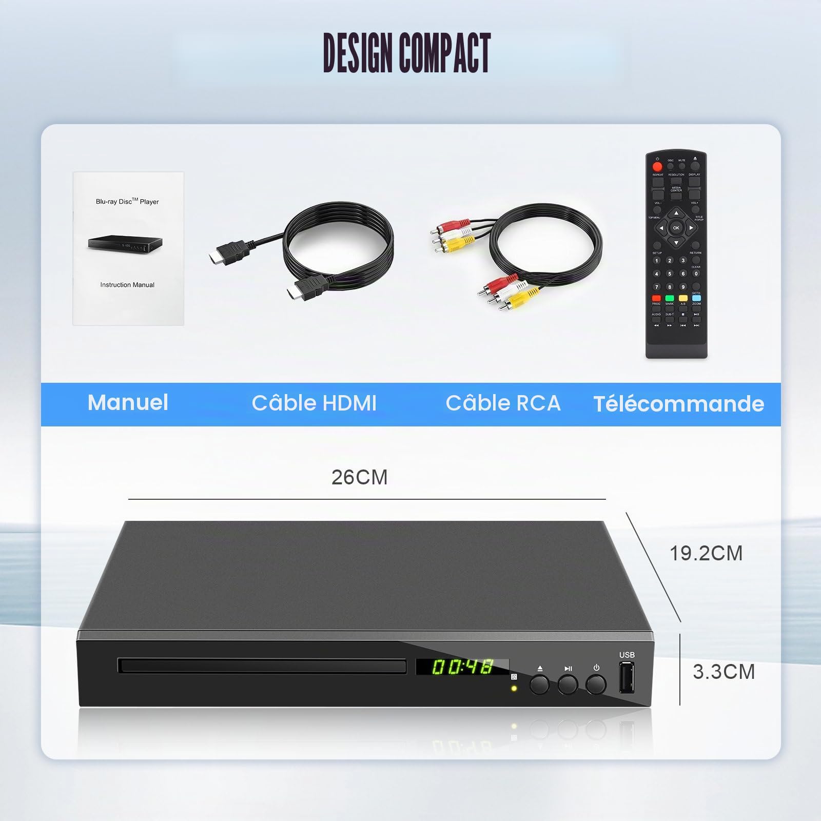 Lecteur Blu-Ray pour Téléviseur (Région 2), Compact Lecteur CD DVD Multizone avec Sortie Coaxiale AV HDMI Entrée USB, Prise en Charge clé USB, Lecture des Disques Blu-Ray de la Région 2