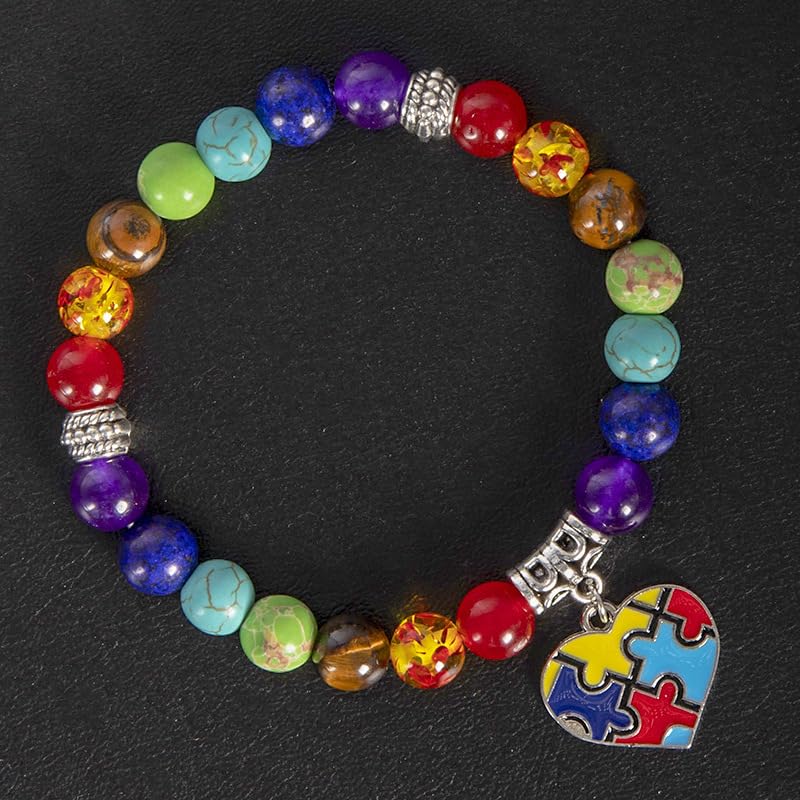 Autism Awareness 7 Chakra Beads Elastic Bracelet Colorful Beaded Love Heart Cross Ribbon Puzzle Jigsaw Charm Jewelry Gift for Autism Teacher Autistic Population4