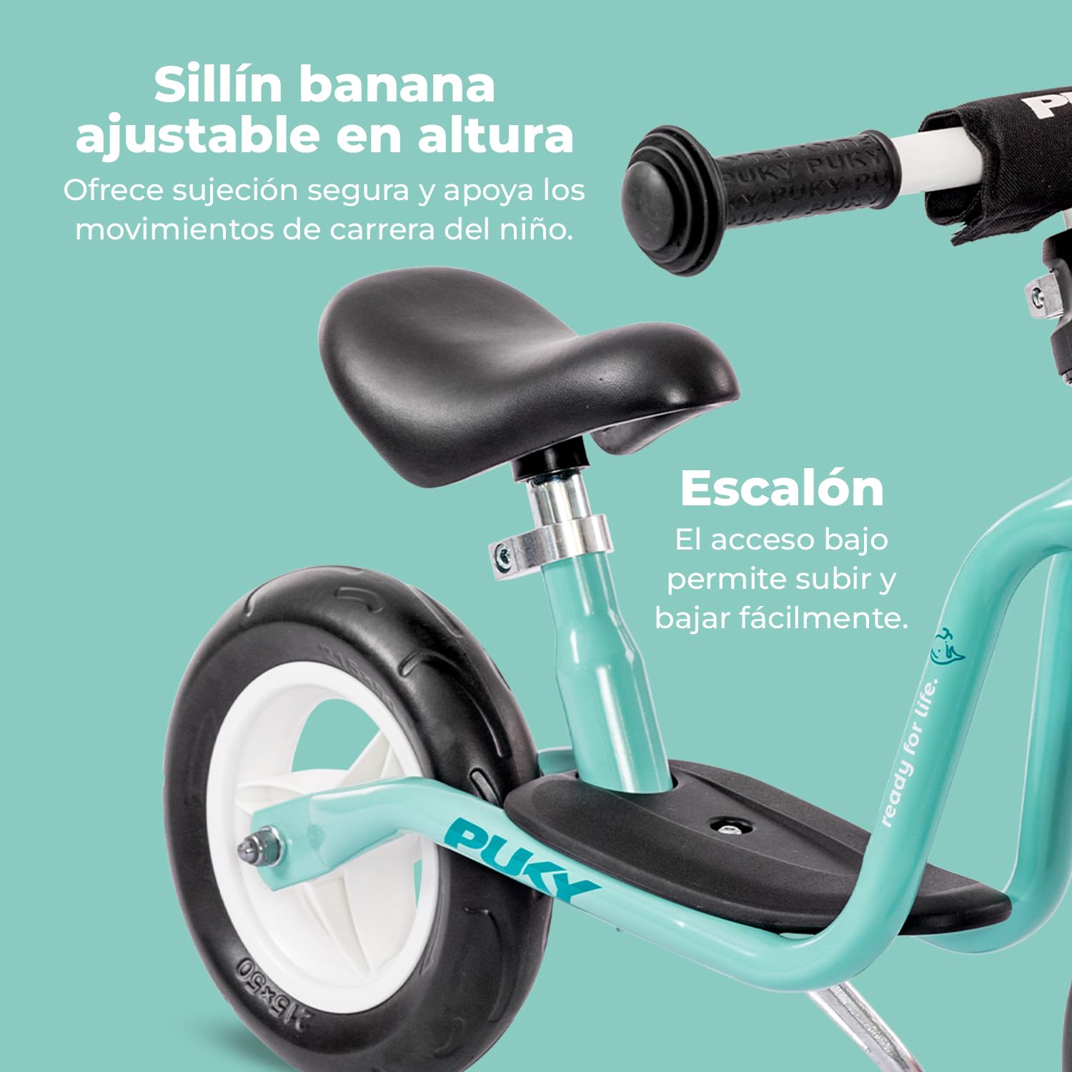 PUKY LR M Aqua Green - Bicicleta de equilibrio a partir de 2 años, juguete para niños a partir de 2 años, scooter infantil con estribo, bicicleta de equilibrio con empuñaduras de seguridad en manillar