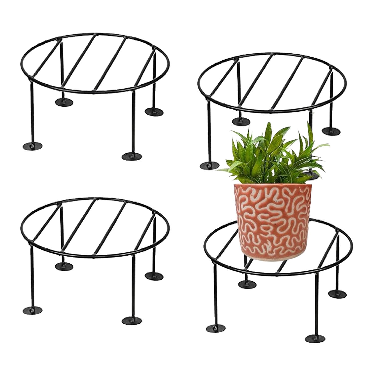 VINAMRA28 Classic Metal Upto 50kg Hold Capacity Round Flower Pot Plant Stand for Home Indoor Outdoor Garden Balcony/ Living Room/ Decor Black (Set of 4pc) | LWH- 8in X 8in X 4.2in (B0C55HZDH3) Amazon Price History, Amazon Price Tracker