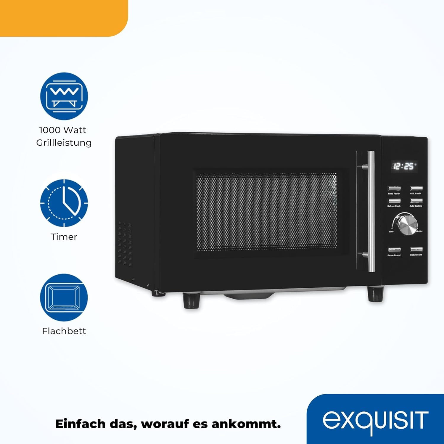 Exquisit Mikrowelle mit Grill & Flatbed - 23 Liter, 750 W, Schwarz | Ohne Drehteller, 1 000 W Grillfunktion, 5 Leistungsstufen, digitales Display – kompaktes Schwarz-Matt-Design