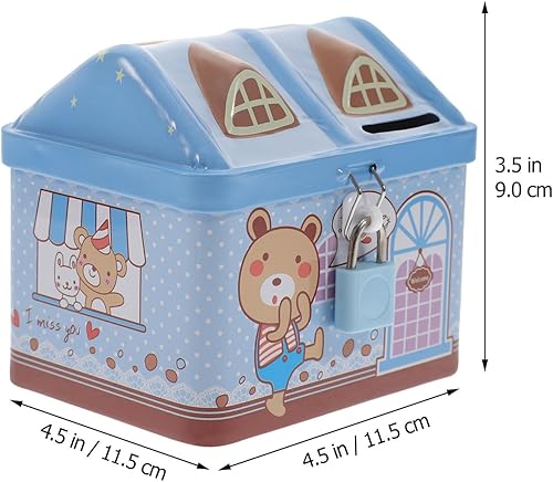Miniatura 10 de Alcancía con forma de casa con cerradura para monedas de ahorro de dinero, juguetes de metal caja de almacenamiento de lata para niños y niñas