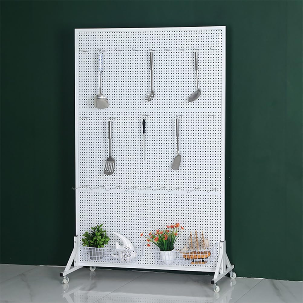 Yiustldd - Soporte de exhibición para tablero perforado con ruedas, panel de metal, organizador de tablero de clavijas móvil para tienda, cocina, 120 x 50 x 40 cm