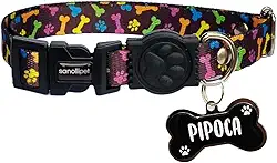 Kit Coleira Com Nome Frente e Verso Gravada Plaquinha de Identificação Plaqueta Personalizada Pingente Para Cachorro Gato Ajustável Ossinhho Colorido (Ossinhos Coloridos, P: Ajustável de 17 a 27cm)