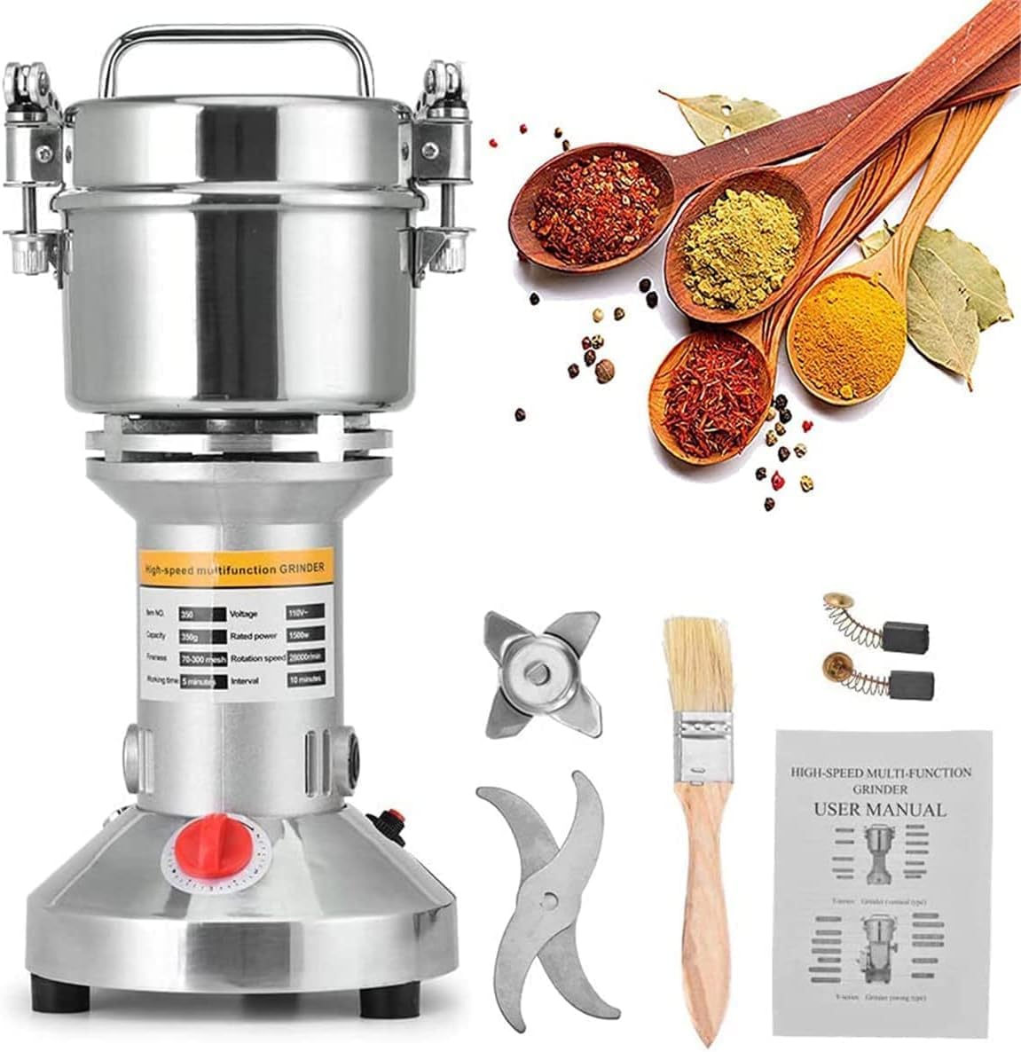 PaNt Grain Grinder Mill 500g Stainless Steel Electric Grain Mill Grinder Superfine Spice Grinder Flour Mill with Protection of Overload and Open Cover Stop Function, for Cereal Herb Spice Nut