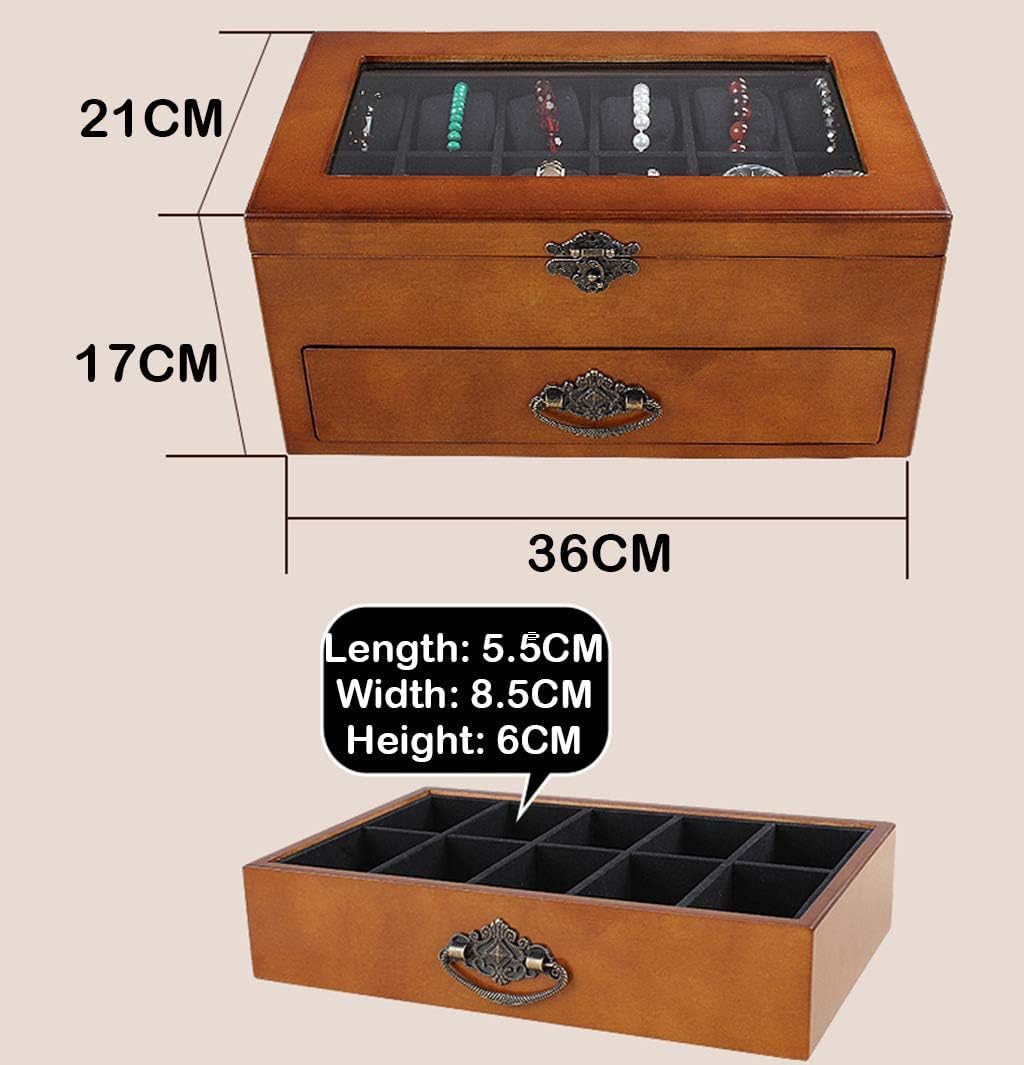 Caja de reloj de madera de 2 niveles para hombre, con cajón de exhibición de joyas, con cerradura, organizador de relojes con ventana transparente para 22 relojes