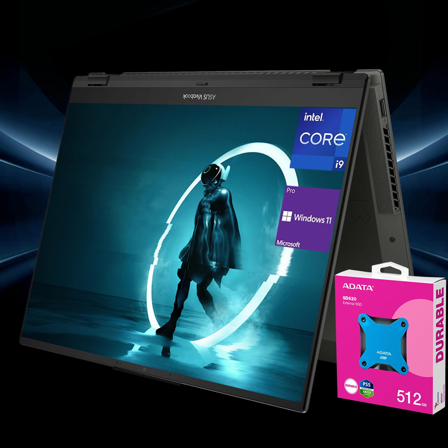 ASUS Vivobook S 16 i9 Flip 2-in-1 Laptop, 16" WUXGA Touchscreen, Intel i9-13900H, 40GB RAM, 2TB SSD, Backlit Keyboard, HDMI, Wi-Fi 6, Windows 11 Home, Black + with ADATA 512 External SSD Bundle