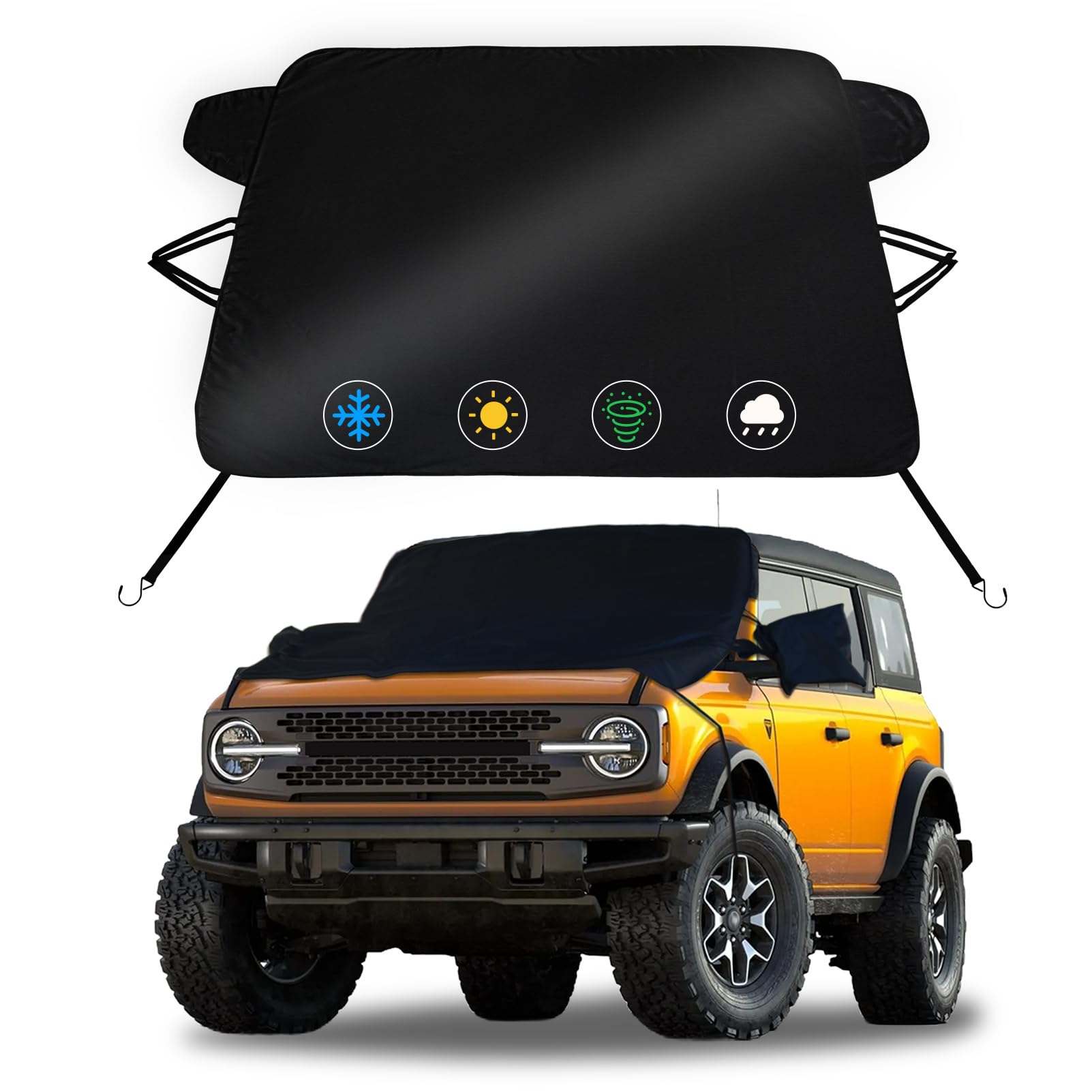 Windshield Snow Cover for Ford Bronco 2021-2026, Premium Windshield Cover for Ice and Snow for Bronco, 2-Layer Oxford Fabric Car Frost Protector Cover with Anti-Theft Straps Winter Outdoor Accessories