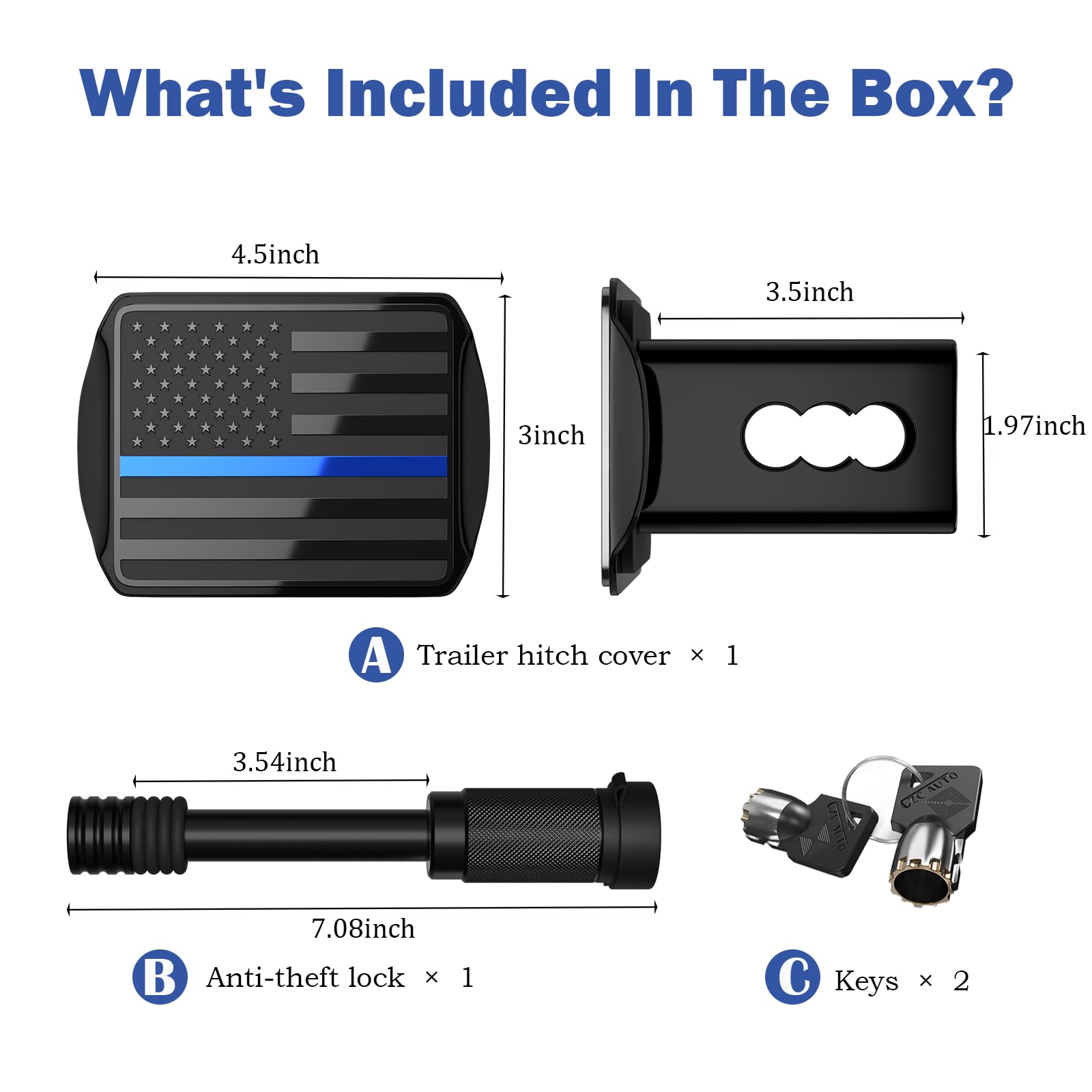 American Flag Trailer Hitch Cover For 2 Inch Receivers - Heavy Metal With Thin Blue Line & Hitch Pin