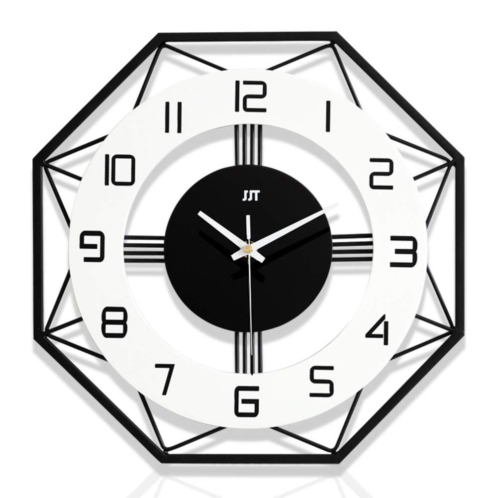NgFTG Octagon Metal Frame Silent Wall Clock, Wood Large Dial Easy To Read Non Ticking Quartz Clock,sweep Movement Home Decor Living Room-black 50x50cm(20x20inch)