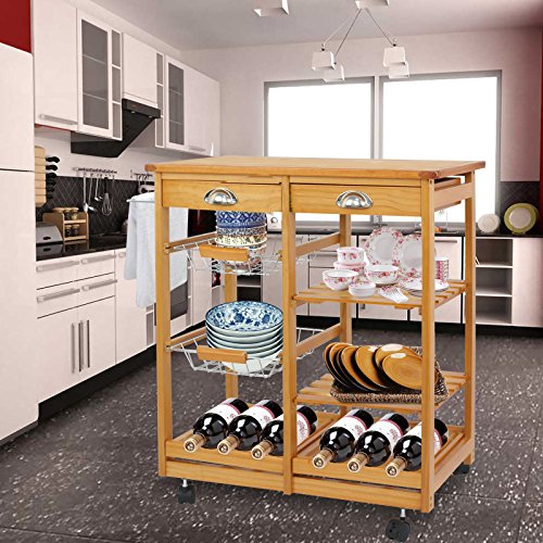 Nova Microdermabrasion Rolling Wood Kitchen Island Storage Trolley Utility Cart Rack w/Storage Drawers/Baskets Dining Stand w/Wheels Countertop (Wood) (Wood Top)