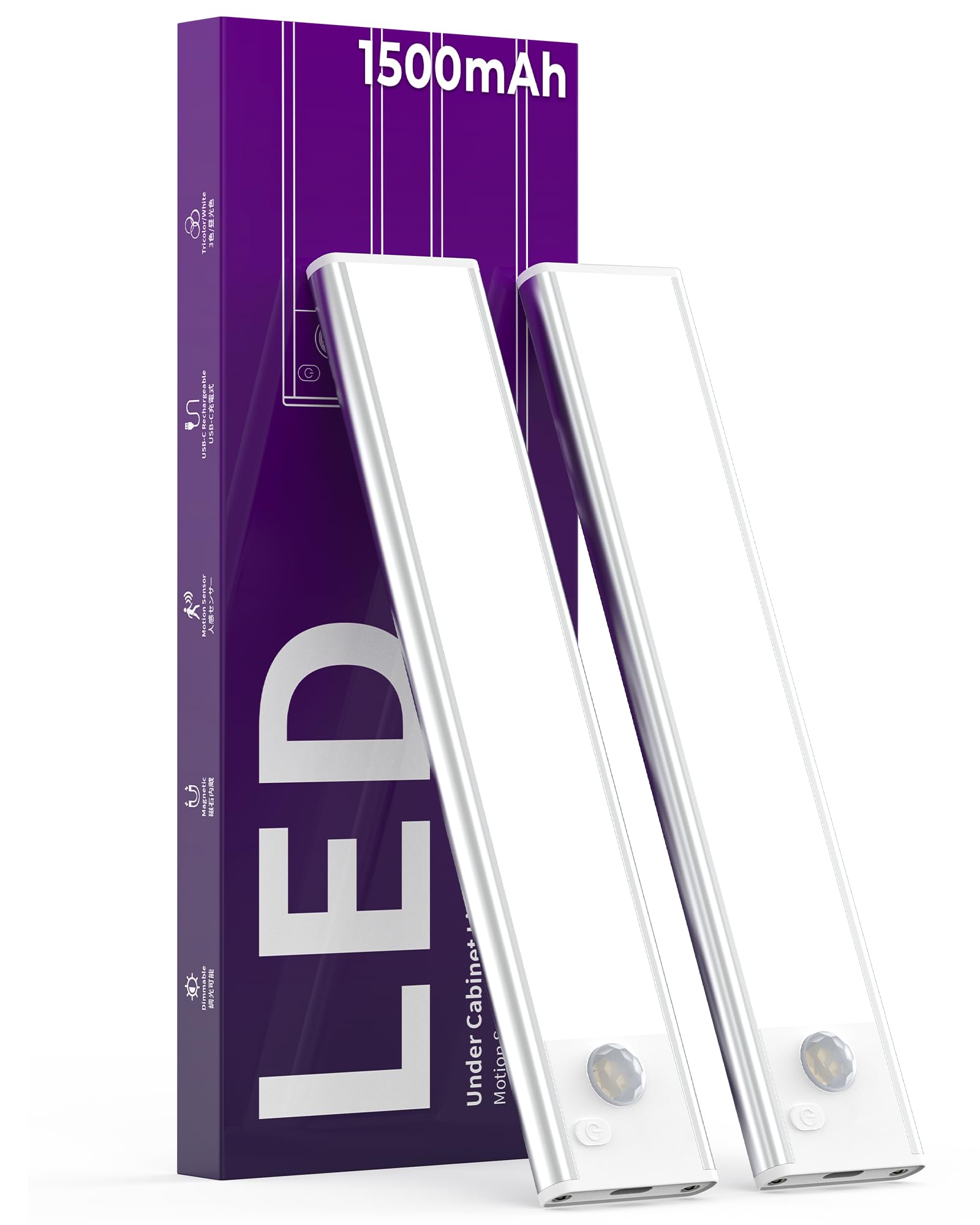 Under Cabinet Lights Motion Sensor Light Indoor 1500mAh Rechargeable LED Closet Lights Battery Operated Under Counter Lights for Kitchen (White, 2Pack)