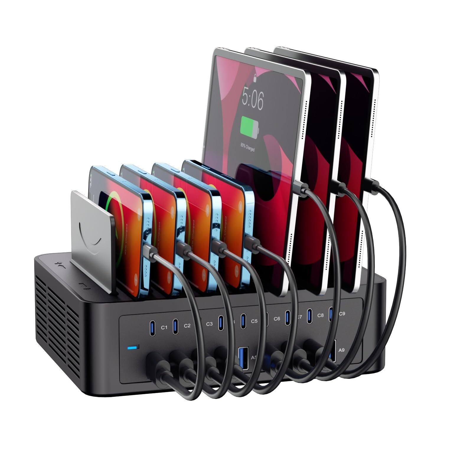 Estación de carga de 200 W/40 A para múltiples dispositivos, cargador rápido USB C de 18 puertos | Con separadores ajustables, base de carga organizadora múltiple para smartphone, iPad, Kindle, tableta y más