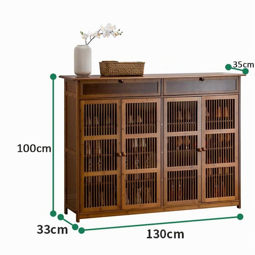 Zapatero Grande 35cm de Fondo para Zapatos Talla Grande, Mueble de Bambú con Cajón Oculto y Estantes Ajustables, Armario Recibidor para Botas, Puertas de Rejilla, 130x35x100cm