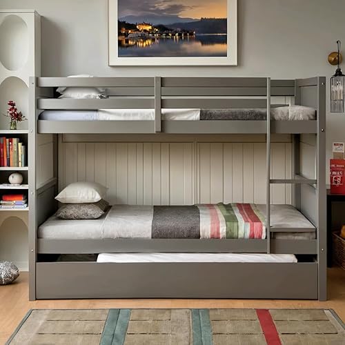 Twin Over Twin Wood Bunk Bed with Twin Size Trundle,Convertible to 2 Beds for Kids/Adults/Teens,Rubber Wood with Ladder and Guardrails,No Box Spring Neede,Grey