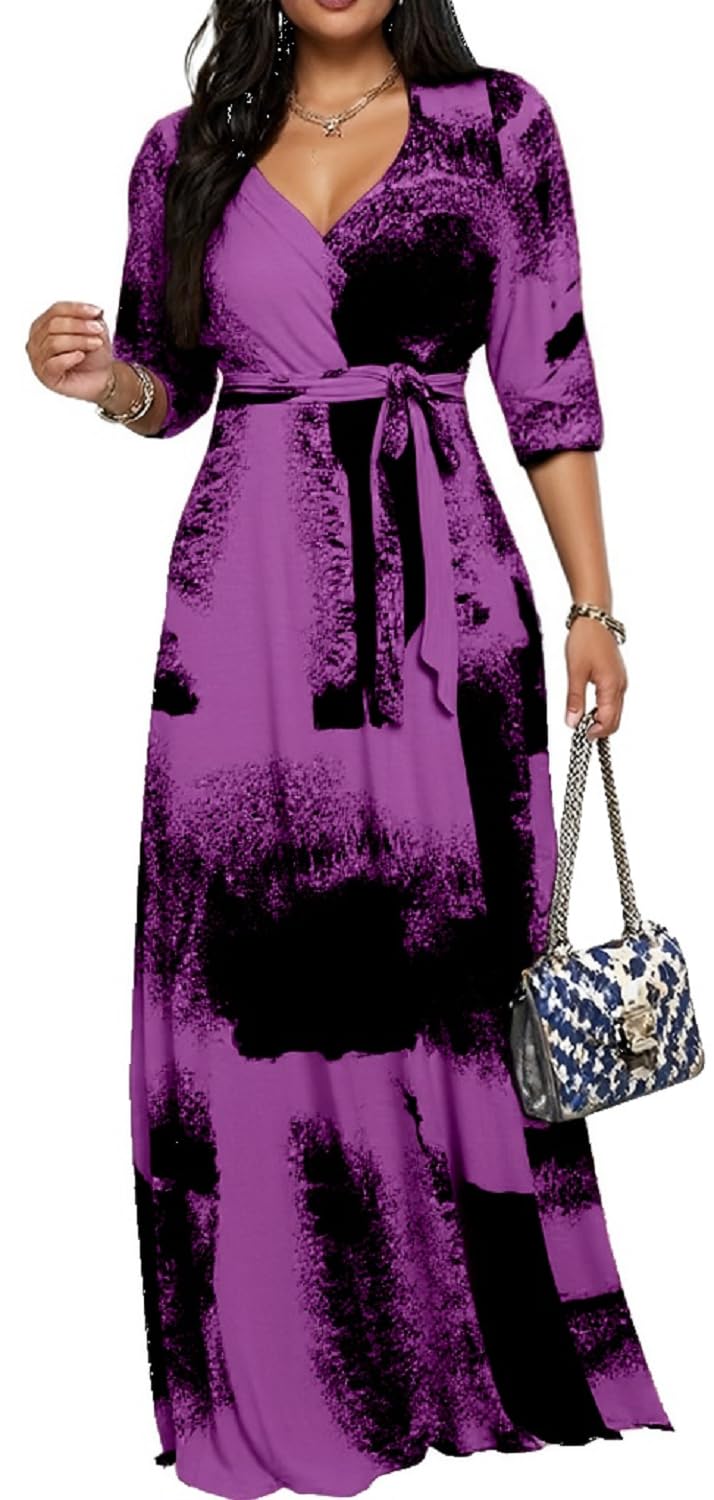 Women's Church Maxi Wrap V Neck 3/4 Sleeve Tie Waist Plus Size Long Dress