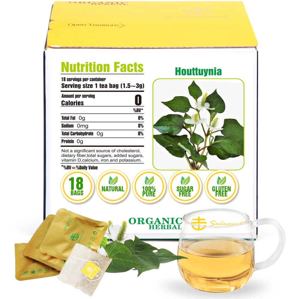 Soilmount - Houttuynia Cordata Tea - |Dokudami|Yuxingcao|鱼腥草|어성초| - Pure Herbal Tea - Natural, Organic, Non-GMO, Clean Ingredients, Caffeine Free (18 Tea Bags, Box 1)