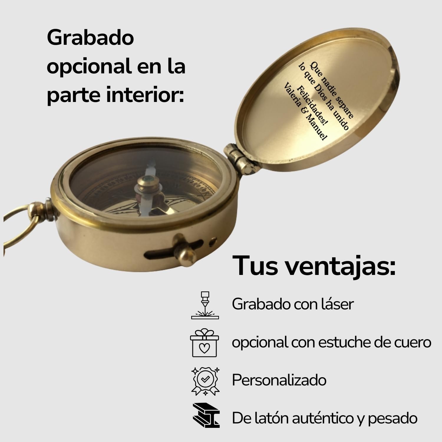 Brújula Personalizada con Foto y Texto en la Tapa - Brujula de Latón Pulido, Opcional con Estuche de Piel o Caja de Madera