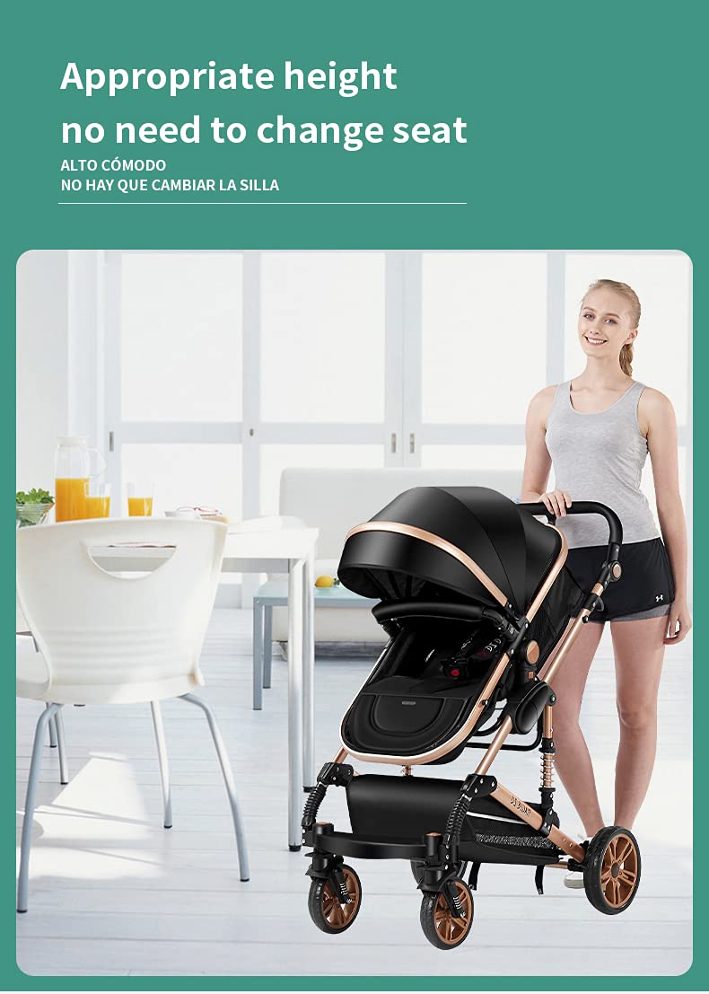 Magic ZC Carrito Bebe 3 en 1, Carro de Bebe 3 Piezas con Empuje Reversible de Dos Vías, Carrito Bebe con Diseño Portátil Plegable de Un Clic, Cochecito Bebe 3 Piezas con Accesorios (oro negro)