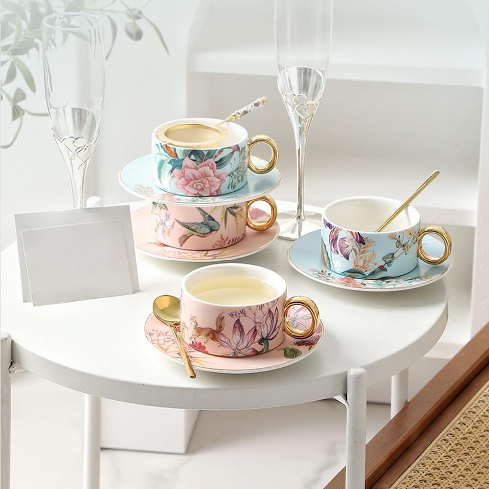 Tazas de café y tazas de café expreso, juego de 4 tazas de café y platillo apilables, juego de tazas de té de cerámica