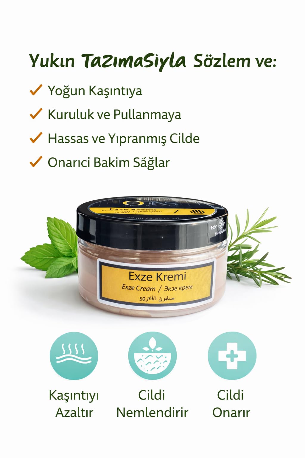 Exze Kremi, Egzama Tedavi Edici Krem, Doğal İçerikli, Kaşıntı Azaltıcı, Cilt Onarıcı, 50ml