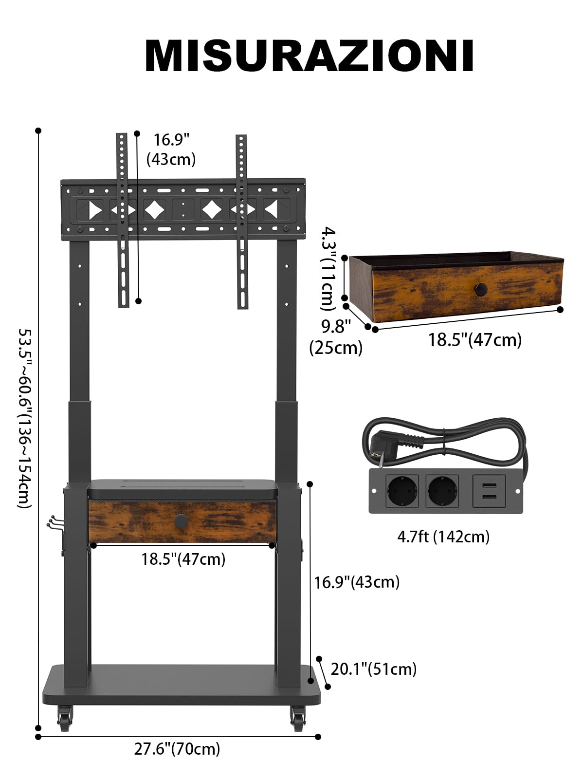Supporto TV con cassetto in tessuto, per schermo piatto/curvo da 32"-75", fino a 200 libbre LCD/LED/OLED, carrello per TV mobile con ruote per casa ufficio all'aperto Max VESA 600 x 400 mm