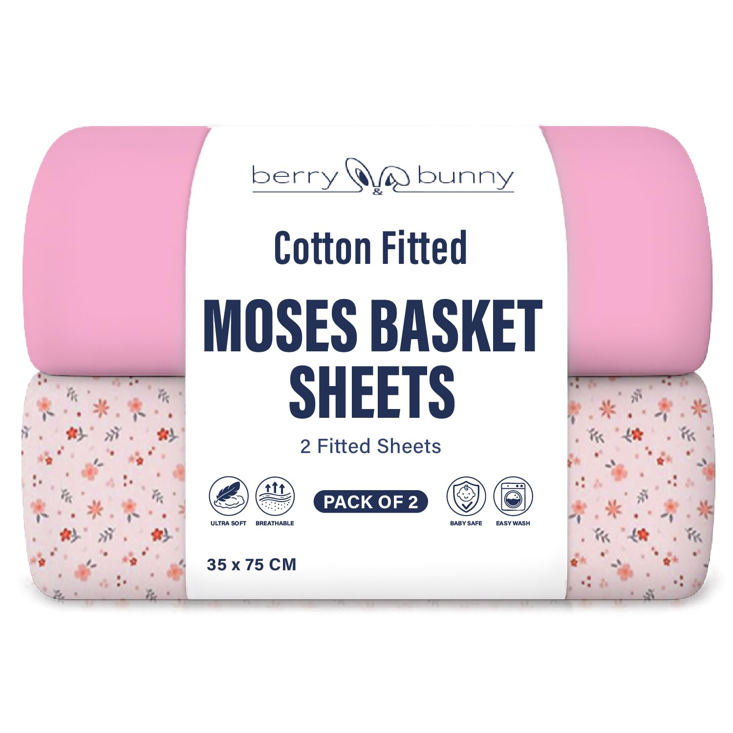 Berry and Bunny 100% Cotton Moses Basket Sheets Pack of 2, Soft Breathable Elasticated Baby Fitted Sheets, 35 x 75 cm, Deep Fit Mattress protector, Baby Bedding All Seasons — image 1