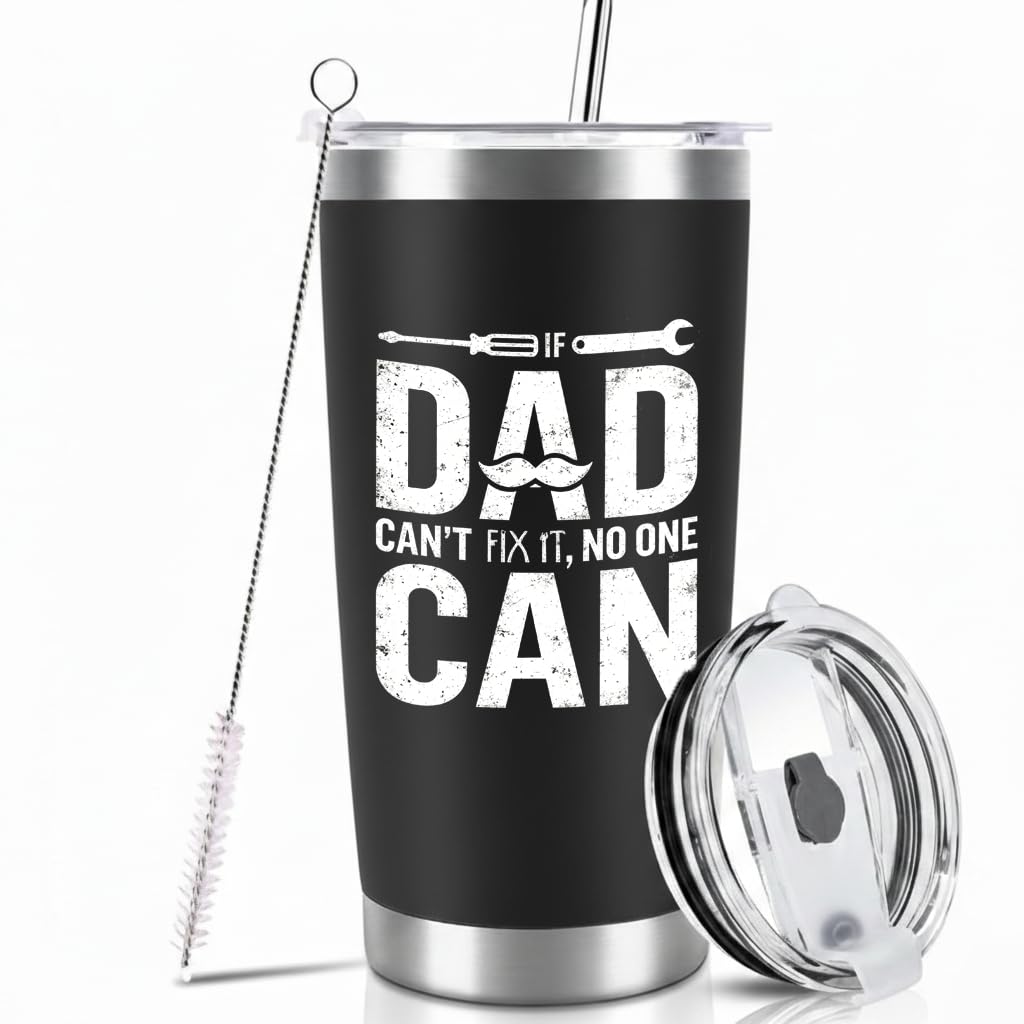 Posoto Dad Birthday Gifts for Men - 20oz Insulated Coffee Tumbler - If Dad Can't Fix It Funny Presents from Daughter Son, Matte Black