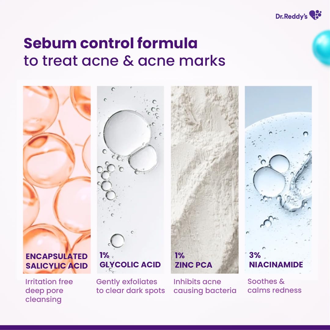 Dr. Reddy's Venusia Acne Facewash | Sebum Control & Hydrating Formula | Clears Acne-marks | Enriched with encapsulated Salicylic Acid, Glycolic Acid, Ceramide - Oat - HA Complex | Oily & Acne-Prone Skin | 75g 1