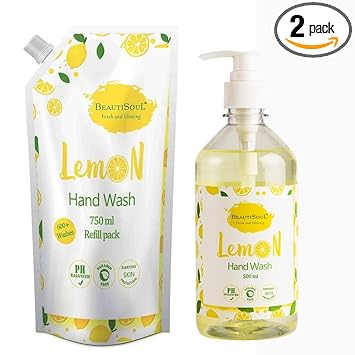 Beautisoul Lemon Handwash with Pure Lemon and Glycerin | pH balanced Liquid Handwash | Handwash refill pack offer (Pack of 2) (750ml + 500ml)