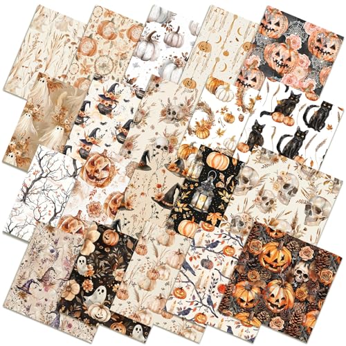 Ganeen 60 Pcs 10 x 10 Inch Boho Halloween Quilting Fabric Squares Ghost Pumpkin Skull Fat Patchwork Precut Strips Black Cat Witch Hat Fabric Bundles for Spooky Creepy Sewing Quilt Material DIY Craft