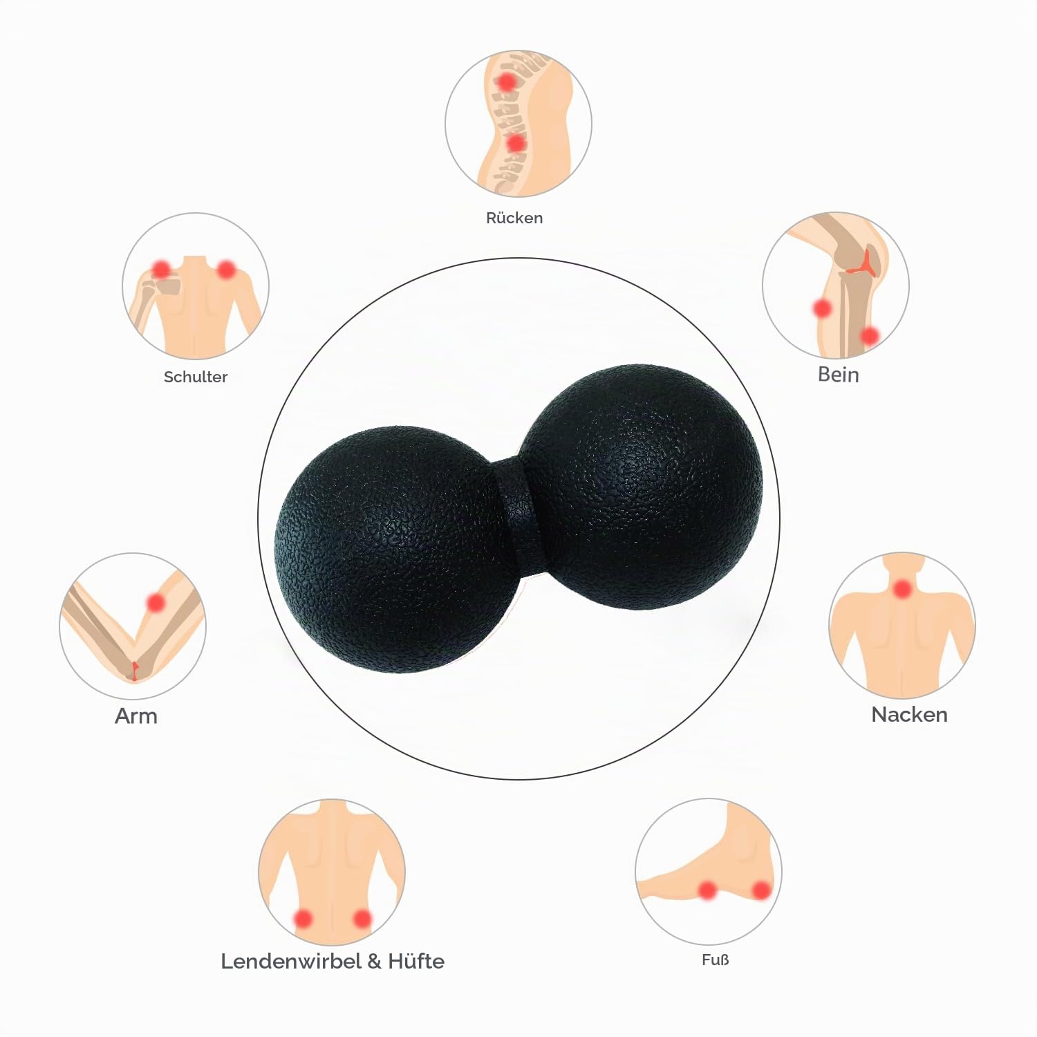 Massageball Faszienball Hart Duoball Faszienrolle. Doppelbal für Nacken Rücken Wirbelsäule Beine Fuß Yoga Myofasziale Entspannung Muskelentspannung Plantarfasziitis Physiotherapie. (Schwarz)