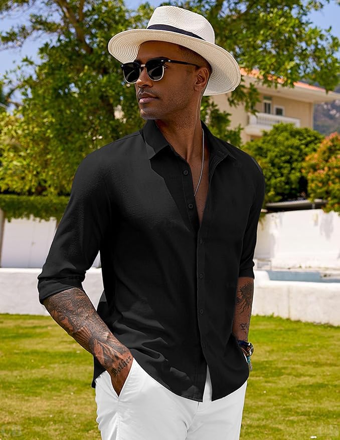 Image of CB-COLEBROOK Men's Long Sleeve Button Down Shirts Casual Cotton Linen Shirts Summer Beach Shirt for Mens Top (Available in Plus Size)