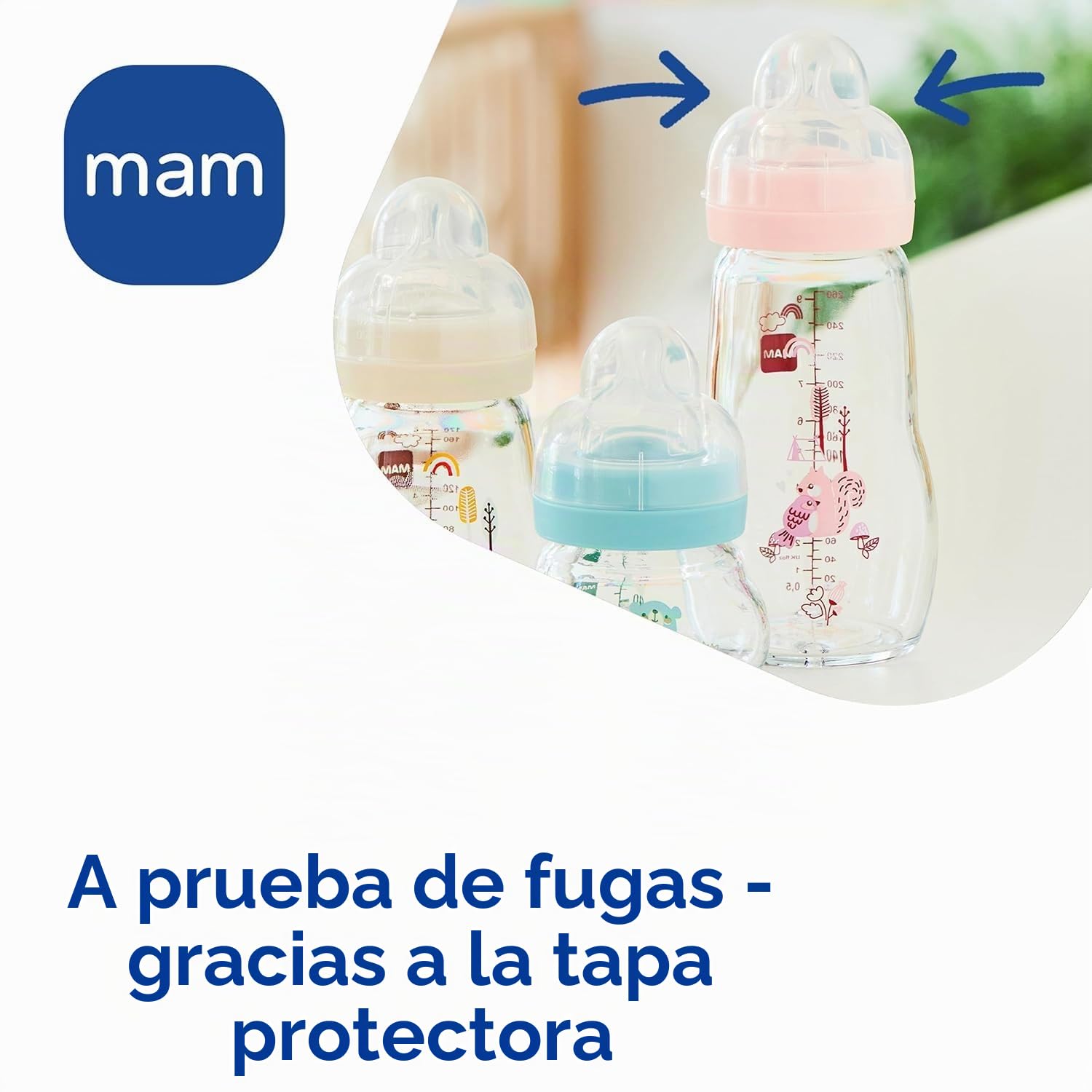 MAM Feel Good Glass Bottle Neutral - Botella de cristal (260 ml, incluye tetina, tamaño 1, 2 unidades)