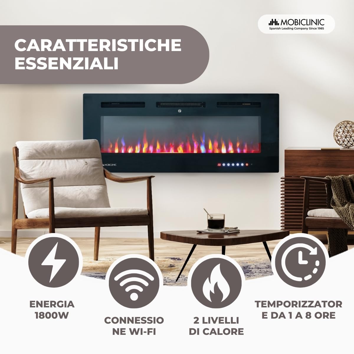 Mobiclinic®, Camino elettrico da parete, 900/1800w, Telecomando e funzione wifi app, Protezione contro il surriscaldamento, 15 colori variabili, Timer, Fury, Per ambienti a partire 25 m2