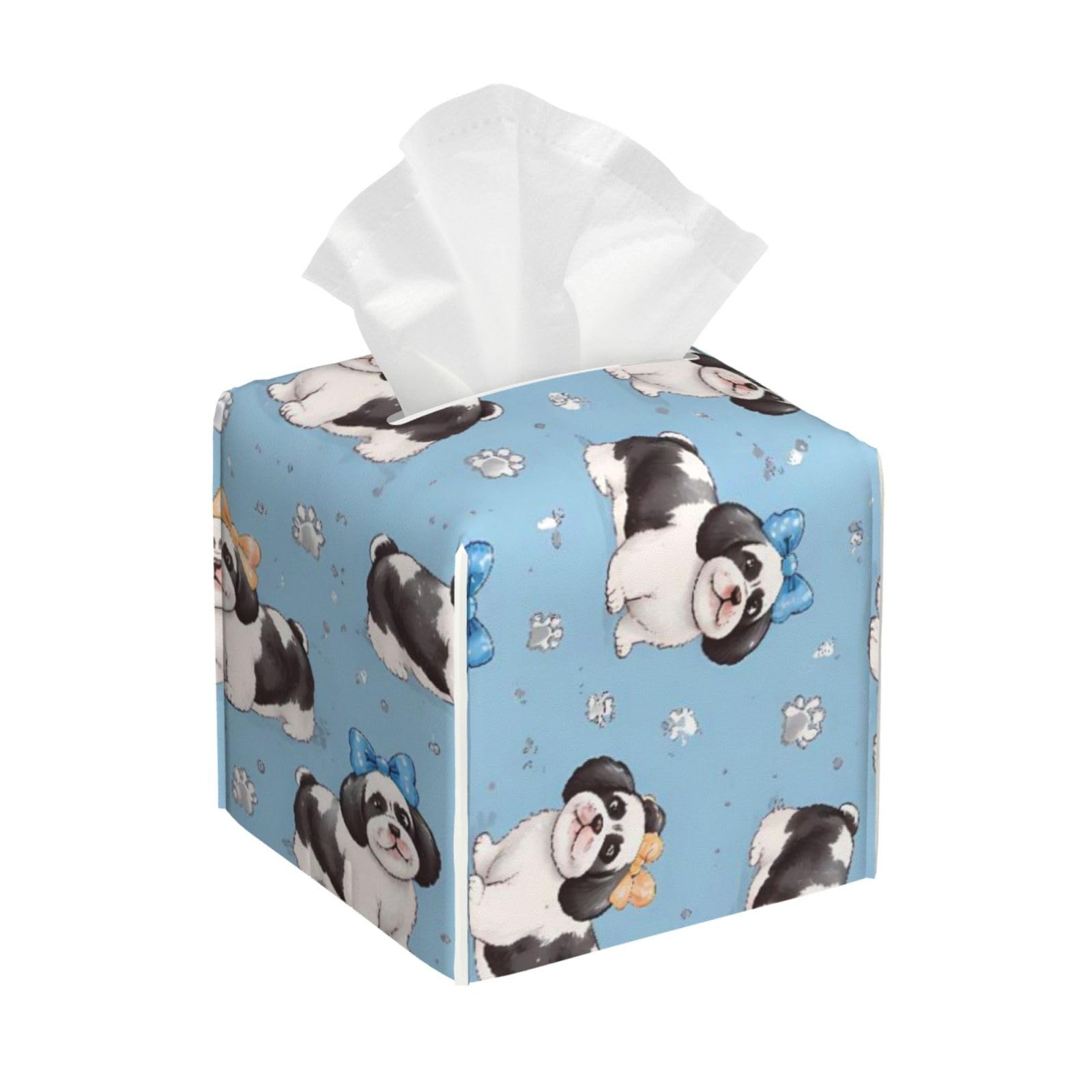 Japanese Chins Pet Dog Leather Tissue Box Cover Holder Square Facial Paper Organizer 5.2" X 5.2" X 5.2"
