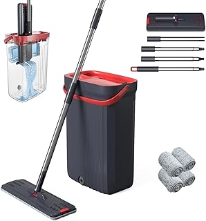 Separate Clean and Dirty Water, Flat Mop and Bucket with Wringer Set for Floor Cleaning System, Include 4 Washable Microfiber Pads for Wet and Dry Use, Perfect for Floor|Window|Glass|Wall