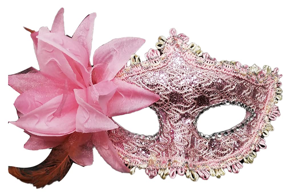 AZYOUNG Women’s Side Flower Multicolor Lace Covered Half Face Crown Masquerade Mask (Pink)
