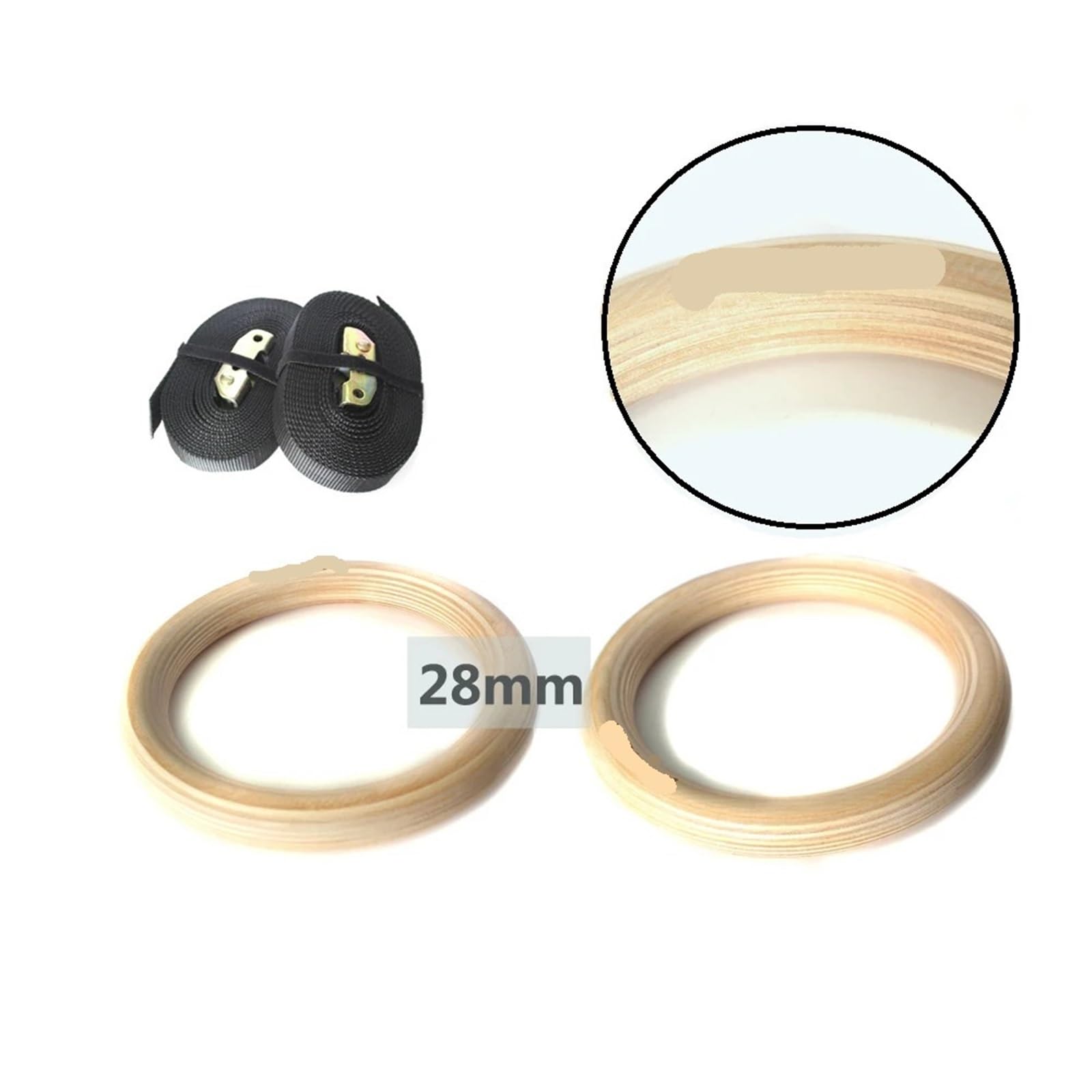 Anelli Ginnastica Anelli da Ginnastica Fitness in Legno/ABS da 28 mm/32 mm, for Esercizi in Palestra, trazioni, Muscle up, con Cinghie Regolabili con Fibbie Lunghe(28mmWooden)