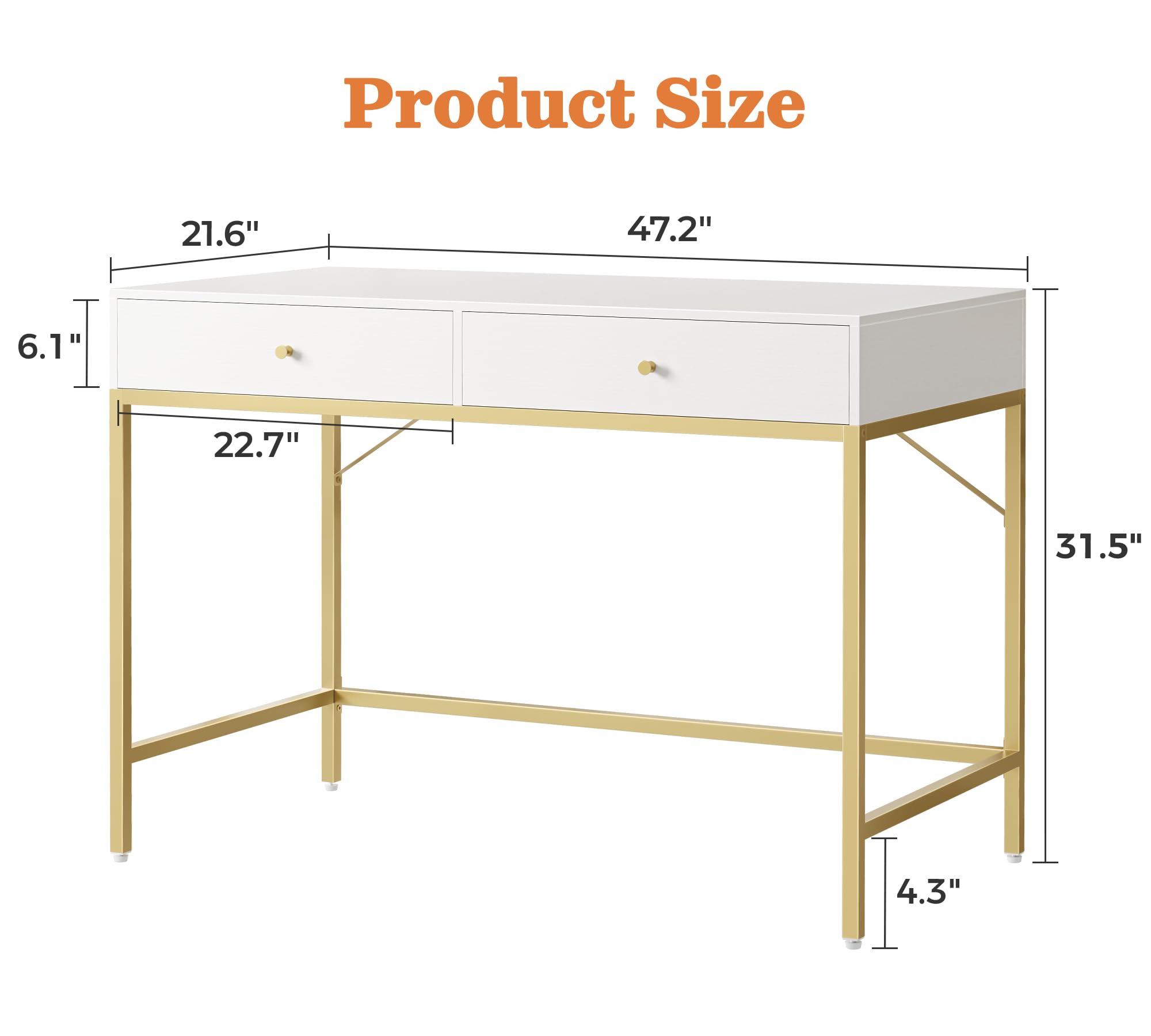SUPERJARE Vanity Desk with Drawers, 47 inch Computer Desk, Modern Simple Home Office Desks, Makeup Dressing Table for Bedroom - White and Gold