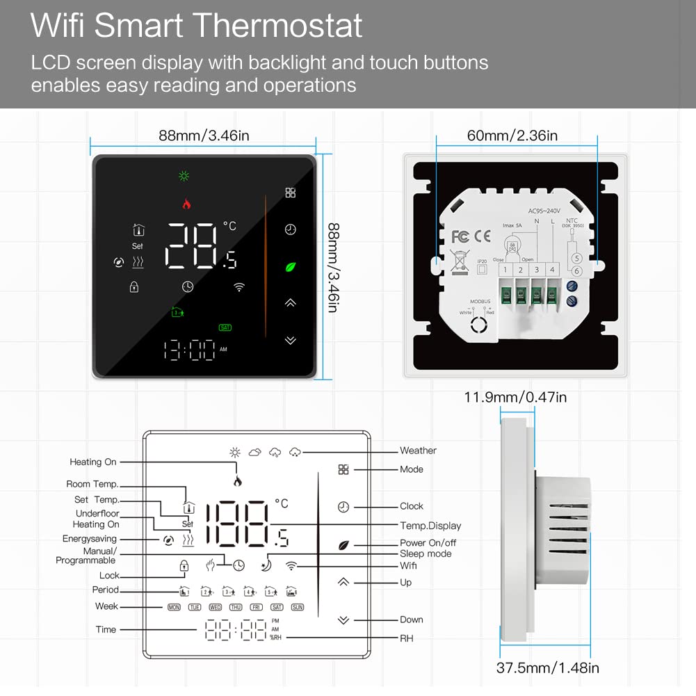 Tuya App Smart WiFi thermostaat voor elektrische vloerverwarming en waterketel, gasstel, temperatuurregelaar, afstandsbediening compatibel met Google Home Alexa Tuya App Smart WiFi thermostaat voor elektrische vloerverwarming en waterketel, gasstel, temperatuurregelaar, afstandsbediening compatibel met Google Home Alexa