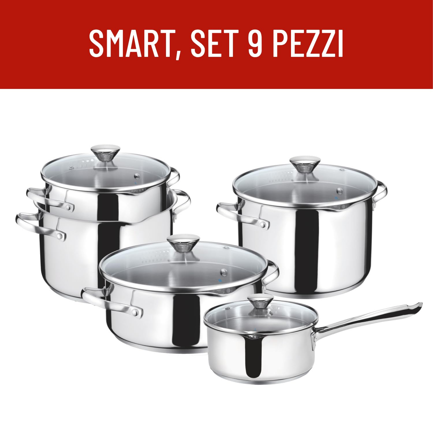 Lagostina Smart Set di Pentole Induzione, Gas e Forno in Acciaio Inox 18/10, 9 Pezzi, Fondo Lagoseal Plus Triplo Strato, Batteria di Pentole con 4 Casseruole, Pentola 2 Maniglie, 4 Coperchi