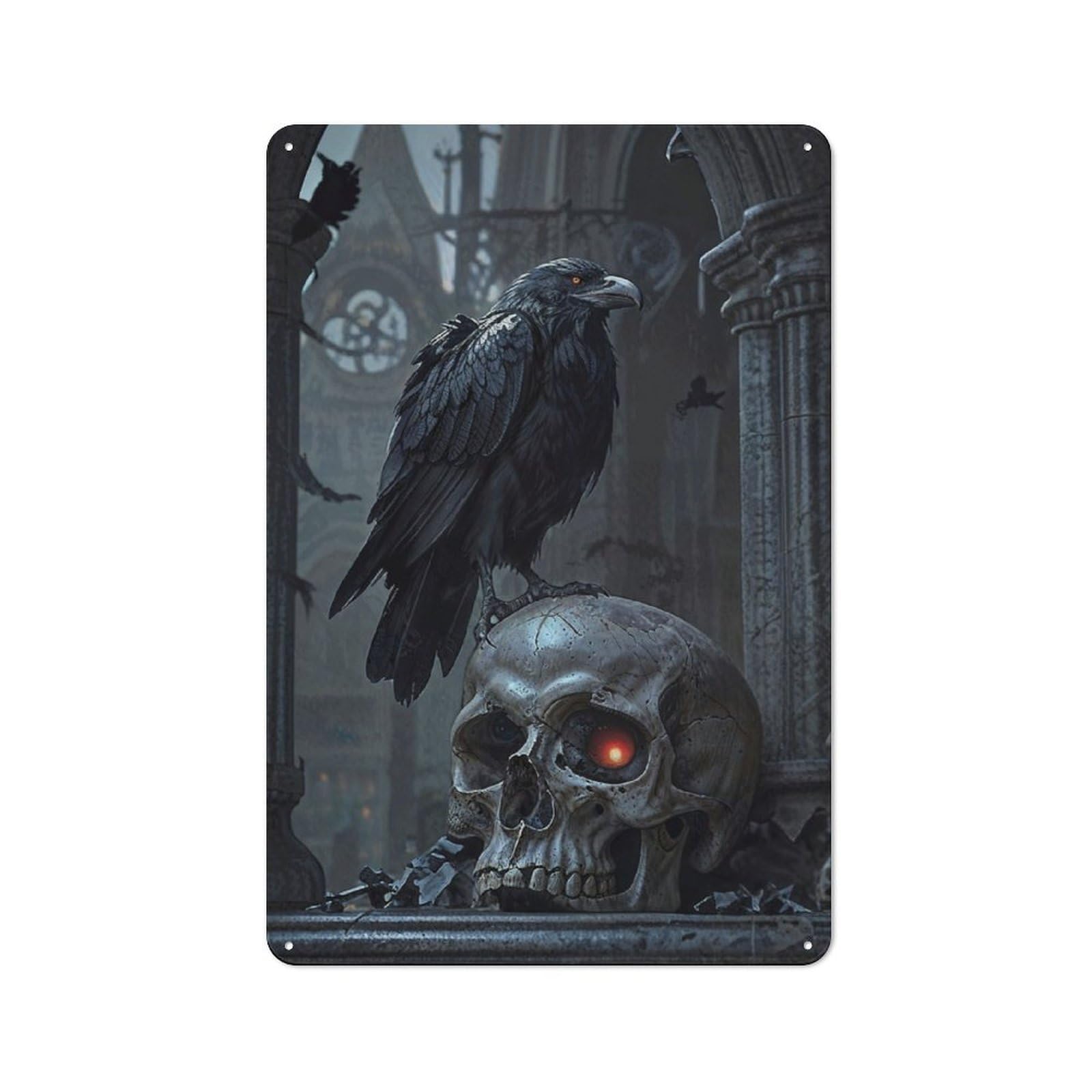 Junmoney Gothic Skull And Raven Printed Metal Sign 30X20cm For Living Room Or Hallway, A Decorative Christmas Gift For Living Room Decor Lovers