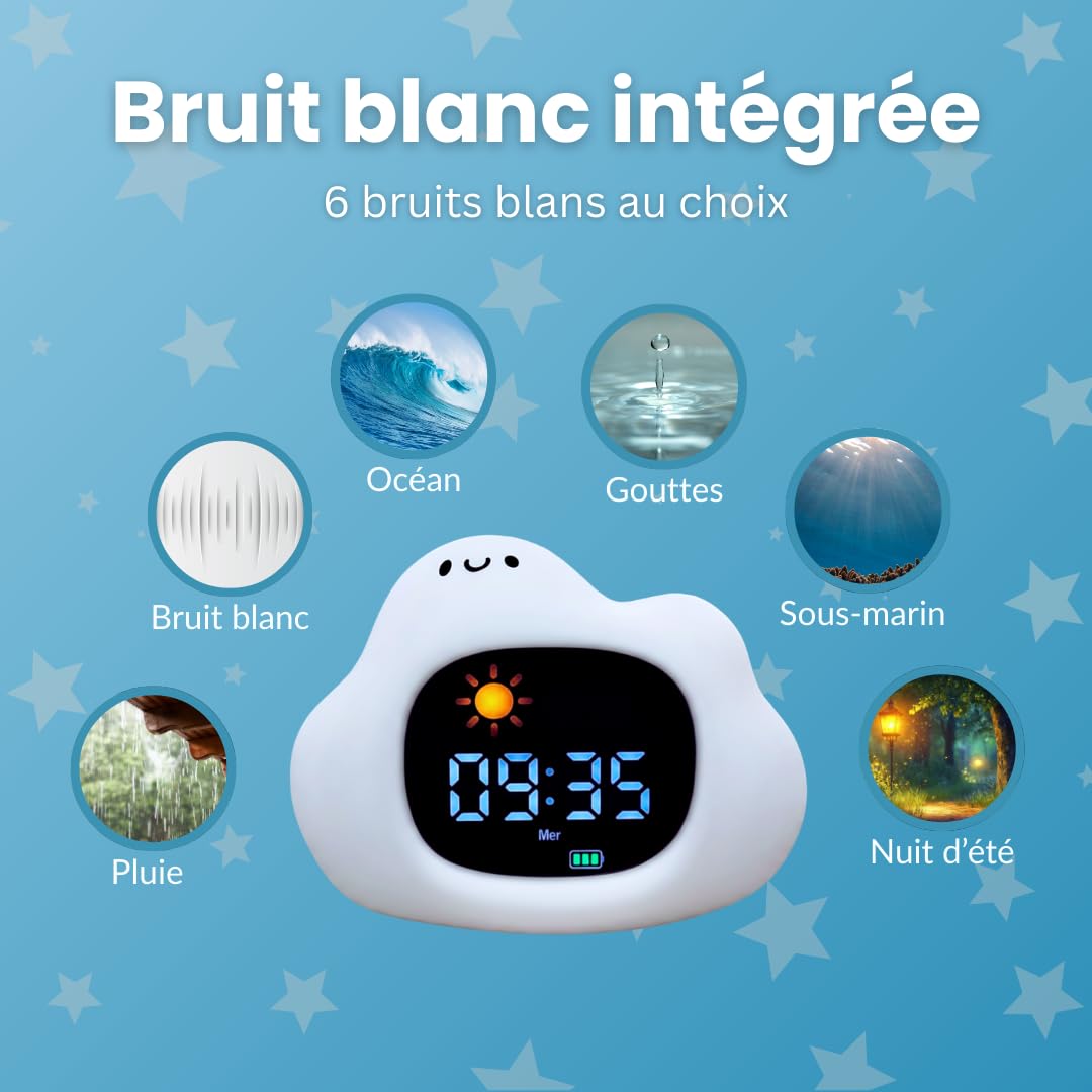 Sveglio bambino educativo giorno/notte - luce notturna per bambini musicale e luminosa, 4 anni di luminosità, orologio educativo con musica rilassante, rumore bianco, decorazione per camera da letto